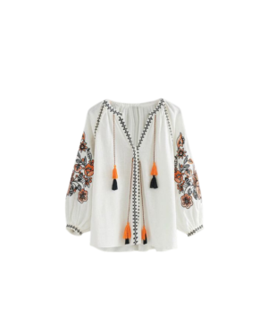 Bohemian Embroidered Peasant Blouse with Tassels