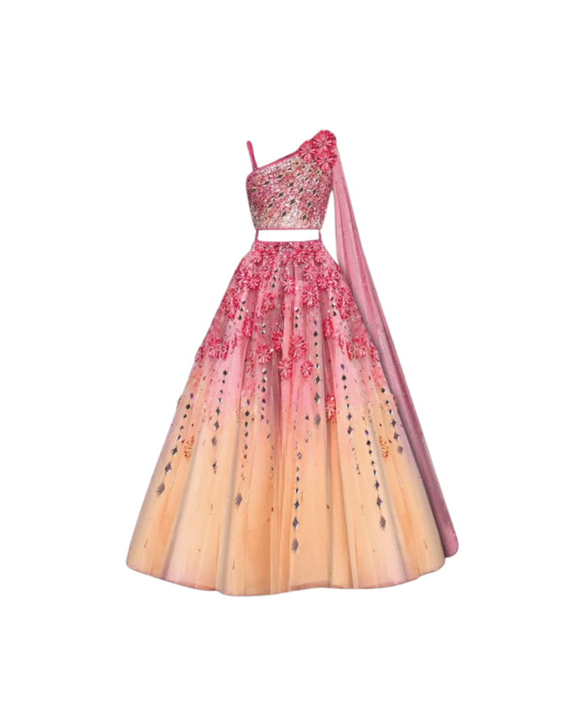 Pink & Peach Ombre One-Shoulder Lehenga Choli