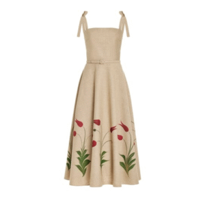 Beige Floral A-Line Midi Dress