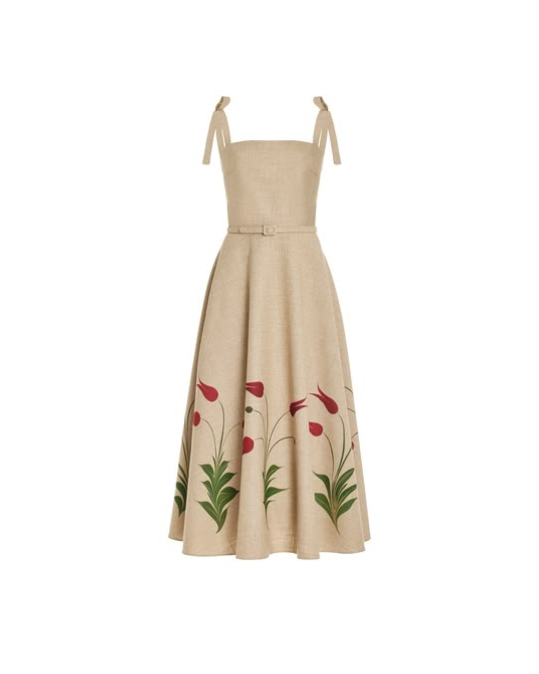 Beige Floral A-Line Midi Dress