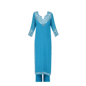 Aqua Blue Mirror Work Kurti Set