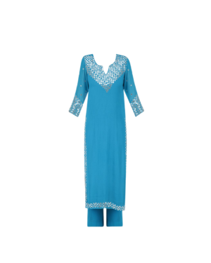 Aqua Blue Mirror Work Kurti Set