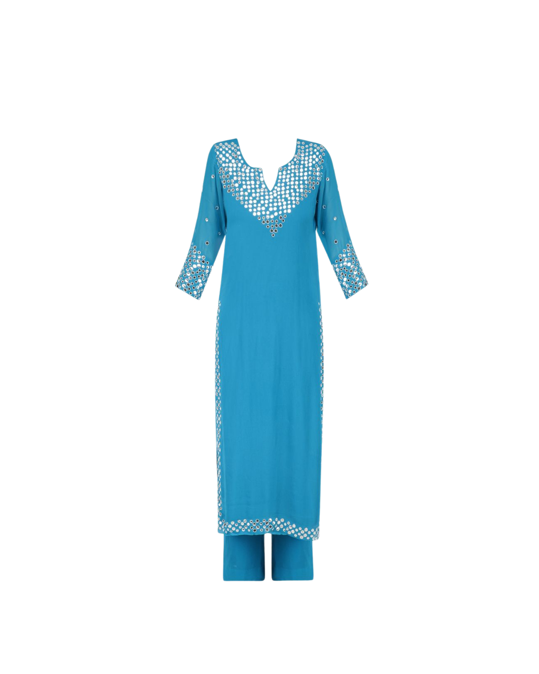 Aqua Blue Mirror Work Kurti Set