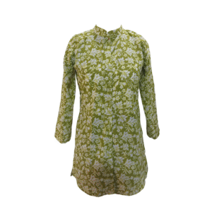 Green and White Floral Print Cotton Kurta