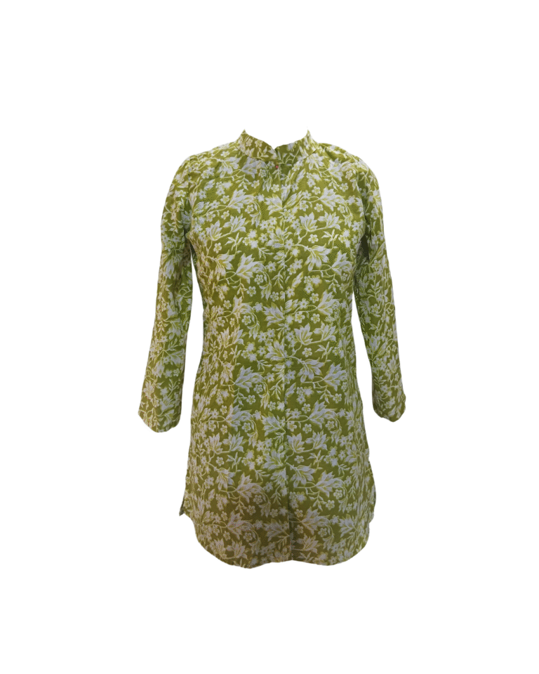 Green and White Floral Print Cotton Kurta
