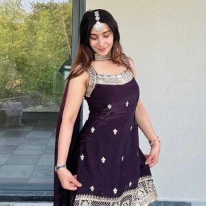 Rageshvari Creation Wine Embroidered Fandy Fabric Kurta Palazzo Set with Lace Dupatta