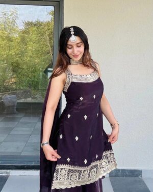 Rageshvari Creation Wine Embroidered Fandy Fabric Kurta Palazzo Set with Lace Dupatta