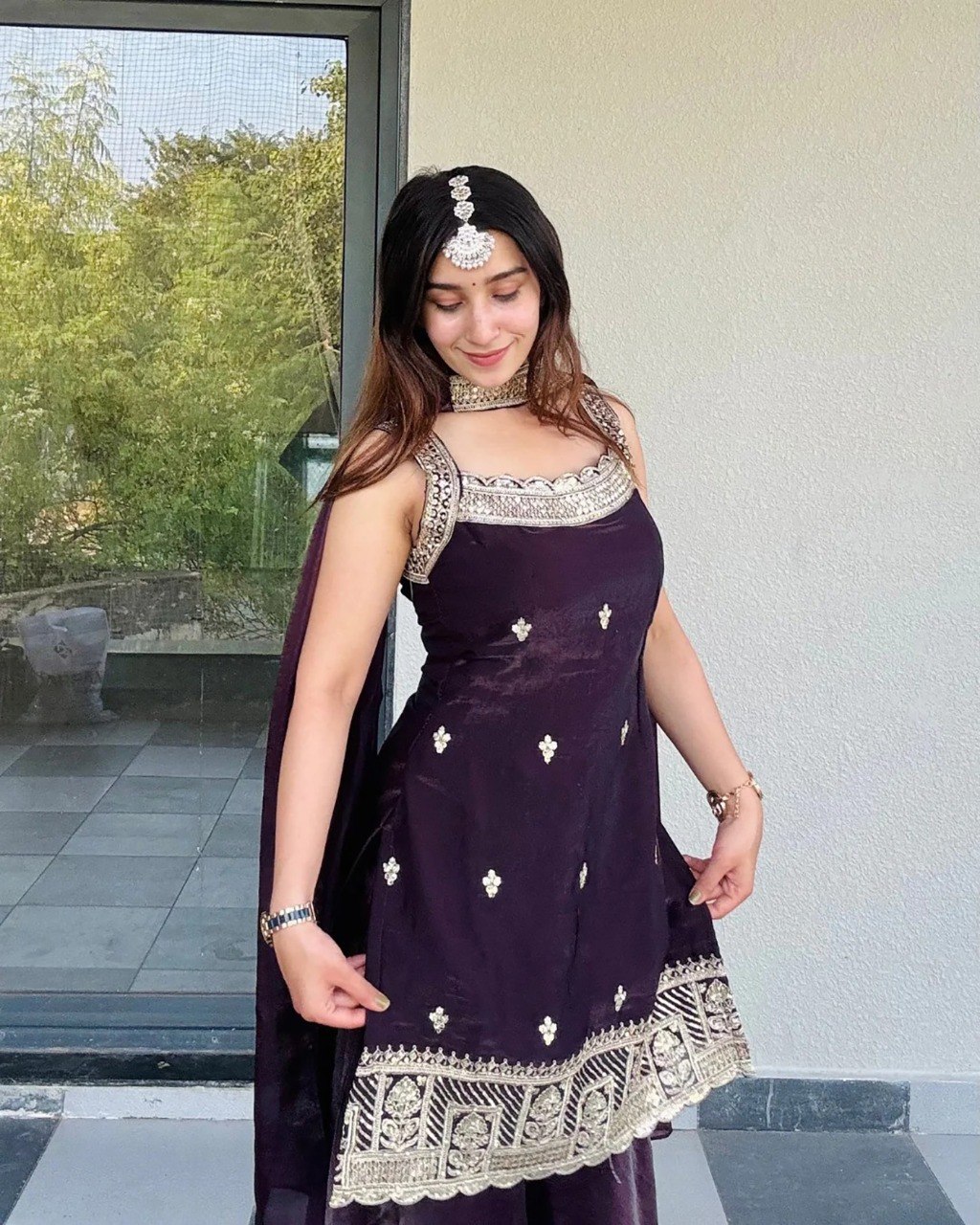 Rageshvari Creation Wine Embroidered Fandy Fabric Kurta Palazzo Set with Lace Dupatta