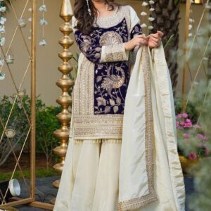 Rageshvari Creation Off-White French Crepe & Velvet Sequins Embroidered Kurta Palazzo Set