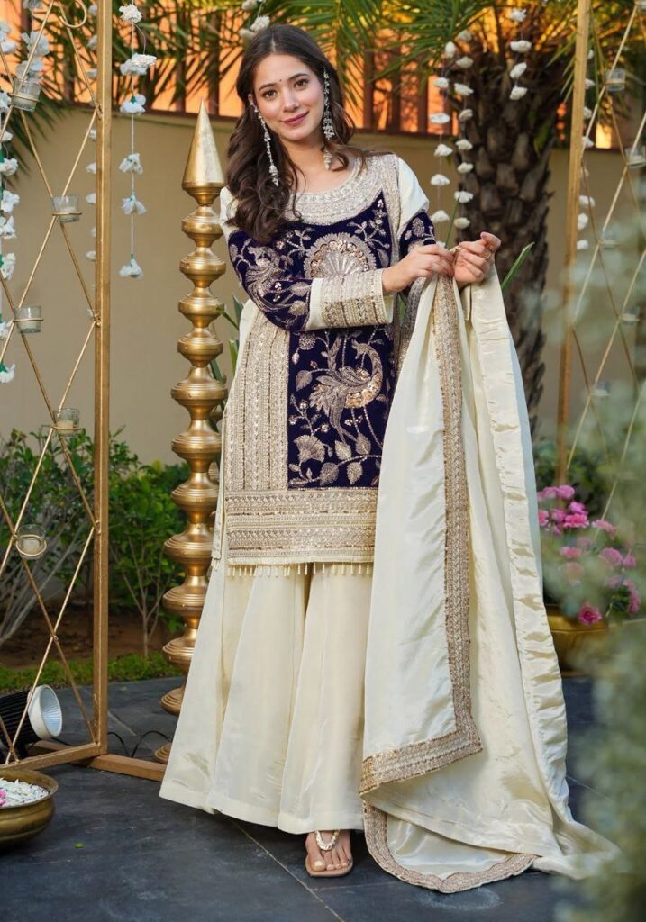 Rageshvari Creation Off-White French Crepe & Velvet Sequins Embroidered Kurta Palazzo Set