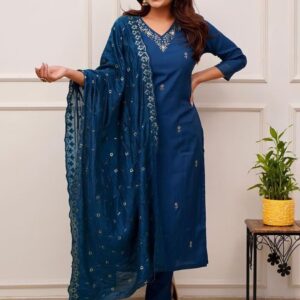 Rageshvari Creation Cerulean Blue Tesla Silk Embroidered Kurta Pant Set with Vichitra Dupatta