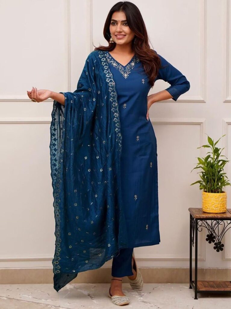 Rageshvari Creation Cerulean Blue Tesla Silk Embroidered Kurta Pant Set with Vichitra Dupatta