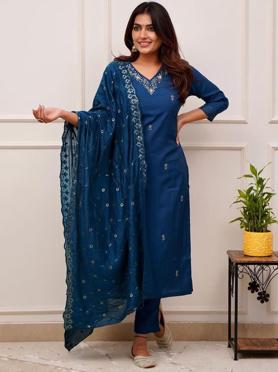 Rageshvari Creation Cerulean Blue Tesla Silk Embroidered Kurta Pant Set with Vichitra Dupatta