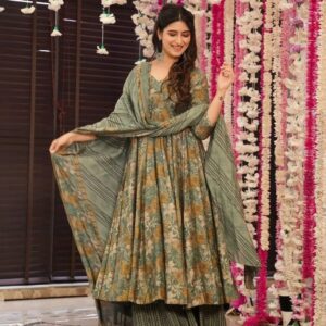 Rageshvari Fashion Green Fullpatti Printed Rayon Anarkali Suit Set