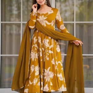 Rageshvari Fashion Mustard Vaani Printed Rayon Anarkali Suit Set