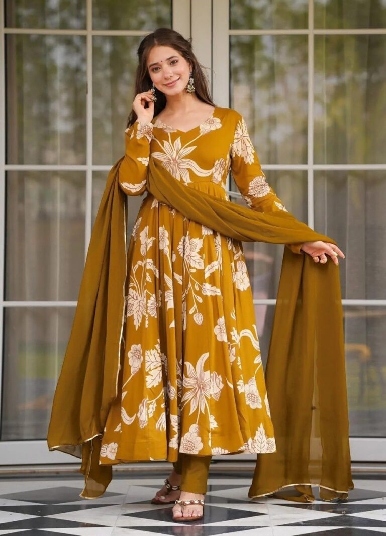 Rageshwari Fashion Mustard Vaani Printed Rayon Anarkali Suit Set