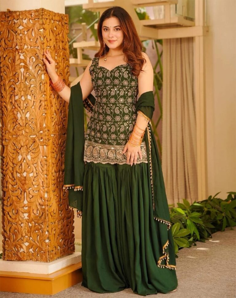 Rageshvari Fashion Green Mango Embroidered French Crepe Kurta Sharara Set