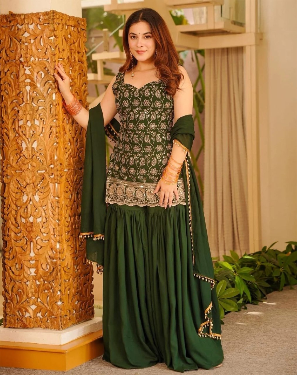 Rageshvari Fashion Green Mango Embroidered French Crepe Kurta Sharara Set