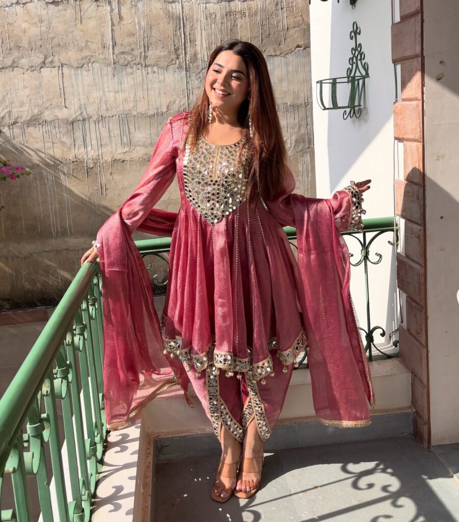Rageshvari Fashion Pink Fandy Silk Dhoti Style Suit with Real Mirror Work