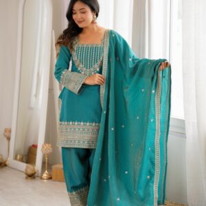 Rageshwari Fashion Seagreen and Onionpink Vichitra Silk Embroidered Kurta Set with Farshi Shalwar & Dupatta