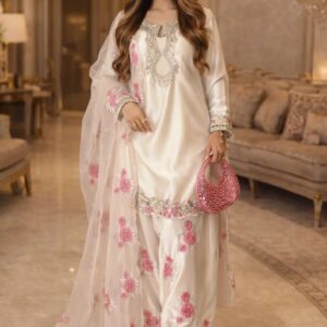 Rageshvari Creation White French Crepe Farshi Salwar Suit Set with Butterfly Net Dupatta
