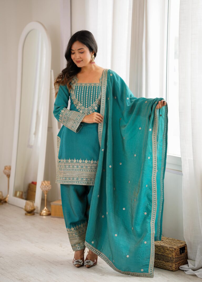 Rageshwari Fashion Seagreen and Onionpink Vichitra Silk Embroidered Kurta Set with Farshi Shalwar & Dupatta