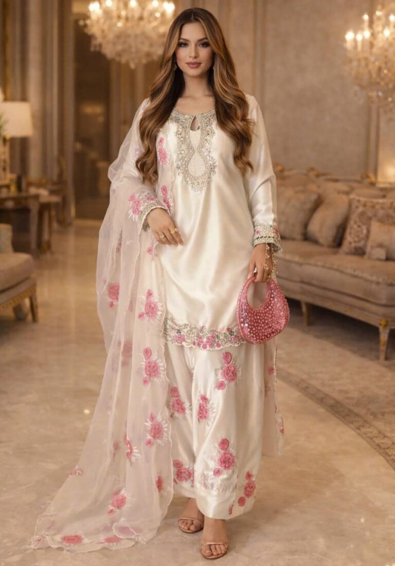 Rageshvari Creation White French Crepe Farshi Salwar Suit Set with Butterfly Net Dupatta