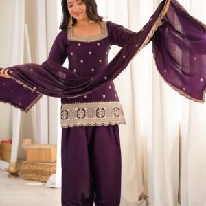 Rageshwari Fashion Glass Roman Silk Embroidered Kurta Set with Farshi Shalwar & Dupatta