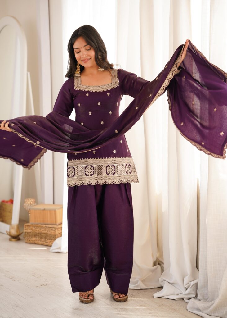Rageshwari Fashion Glass Roman Silk Embroidered Kurta Set with Farshi Shalwar & Dupatta