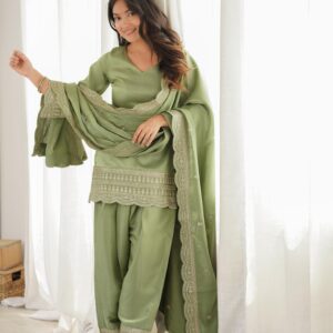 Rageshvari Creation Glass Roman Silk Embroidered Kurta with Farshi Shalwar and Dupatta Set