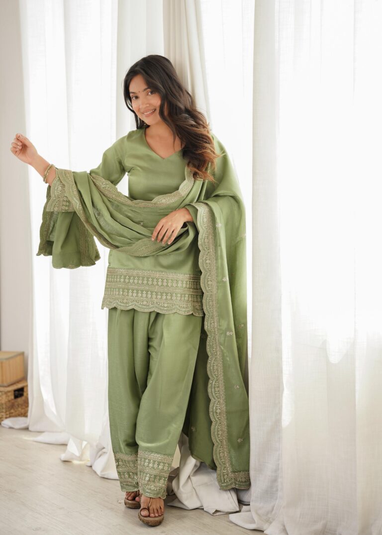 Rageshvari Creation Glass Roman Silk Embroidered Kurta with Farshi Shalwar and Dupatta Set