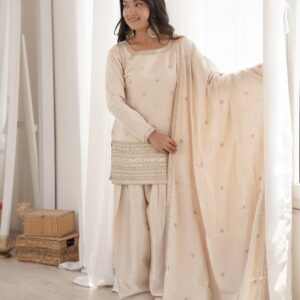 Rageshvari Creation Glass Roman Silk Yoke Embroidered Kurta with Farshi Shalwar and Dupatta Set