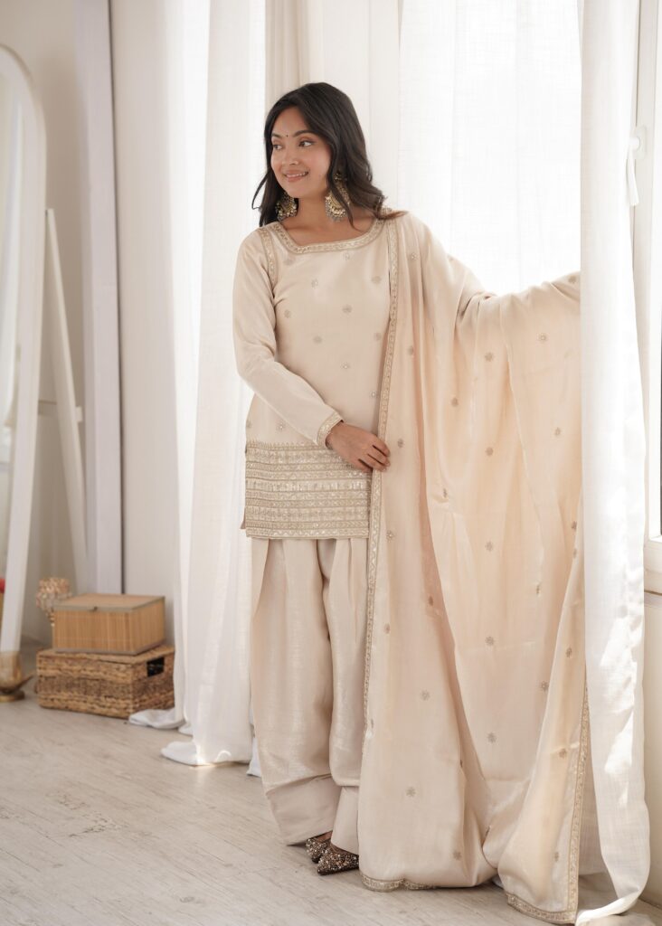 Rageshvari Creation Glass Roman Silk Yoke Embroidered Kurta with Farshi Shalwar and Dupatta Set