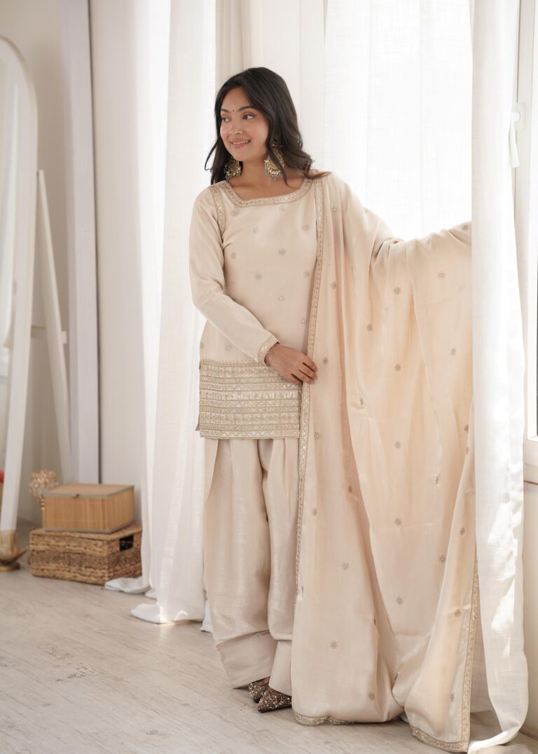 Rageshvari Creation Glass Roman Silk Yoke Embroidered Kurta with Farshi Shalwar and Dupatta Set