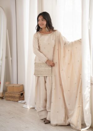 Rageshvari Creation Glass Roman Silk Yoke Embroidered Kurta with Farshi Shalwar and Dupatta Set