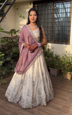 Rageshvari Creation Festive Chinon Lehenga Choli with Embroidered Thread Work & Gold Crush Dupatta