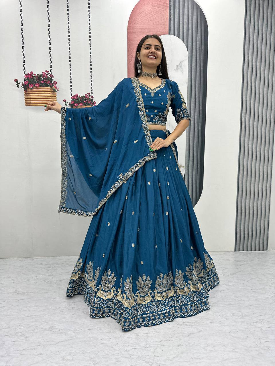 Rageshvari Creation Real Model Chinon Lehenga Choli with Embroidered Thread Work & Matching Dupatta