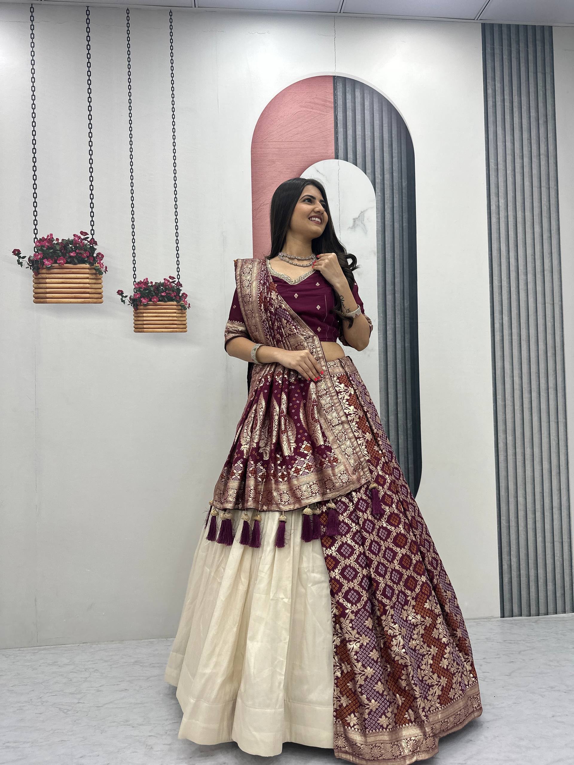 Rageshvari Creation Wedding Special Pure Shimmer Silk 4-Meter Flair Lehenga & Jacquard Saree Combo - Image 3