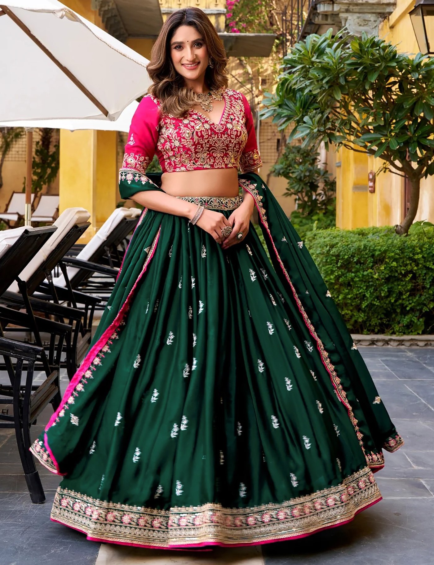 Rageshvari Creation Green Chinon Semi-Stitched Lehenga Choli Set with Zari Embroidery