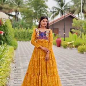 Rageshvari Creation Navratri Special Fox Georgette 9-Meter Extra Flair Mirror & Kodi Lace Gown