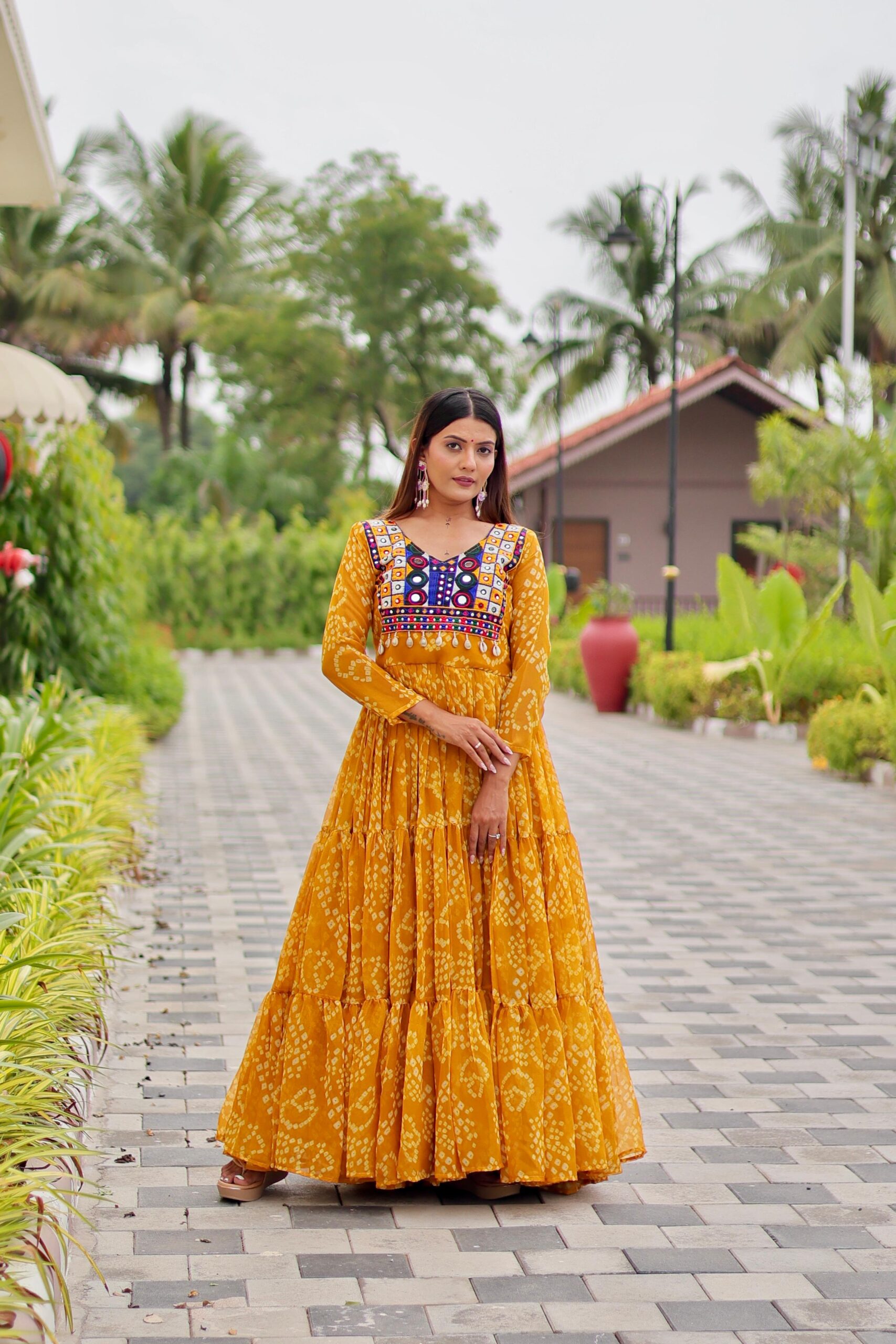 Rageshvari Creation Navratri Special Fox Georgette 9-Meter Extra Flair Mirror & Kodi Lace Gown