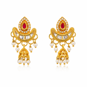 Rageshvari Fashion Traditional Ruby Red Kundan Chandbali Earrings with Pearl Drops