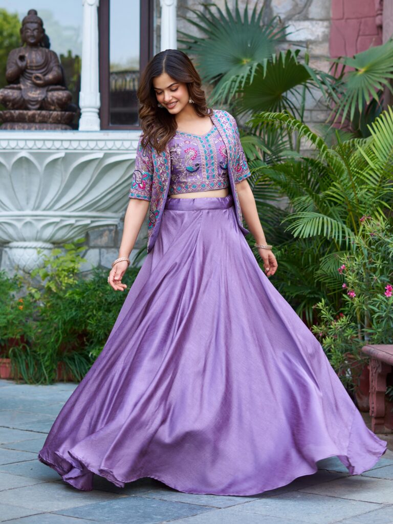 Rageshvari Creation Pure Vichitra Silk 3-Piece Lehenga Choli with Embroidered Koti Jacket Set