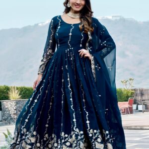 Rageshvari Creation Fox Georgette Festive Long Gown with Heavy Sequins Embroidery and Dupatta Set
