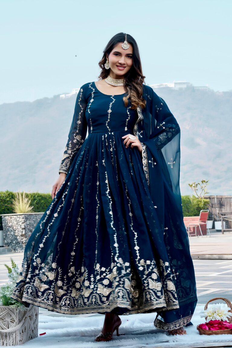 Rageshvari Creation Fox Georgette Festive Long Gown with Heavy Sequins Embroidery and Dupatta Set
