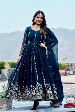Rageshvari Creation Fox Georgette Festive Long Gown with Heavy Sequins Embroidery and Dupatta Set