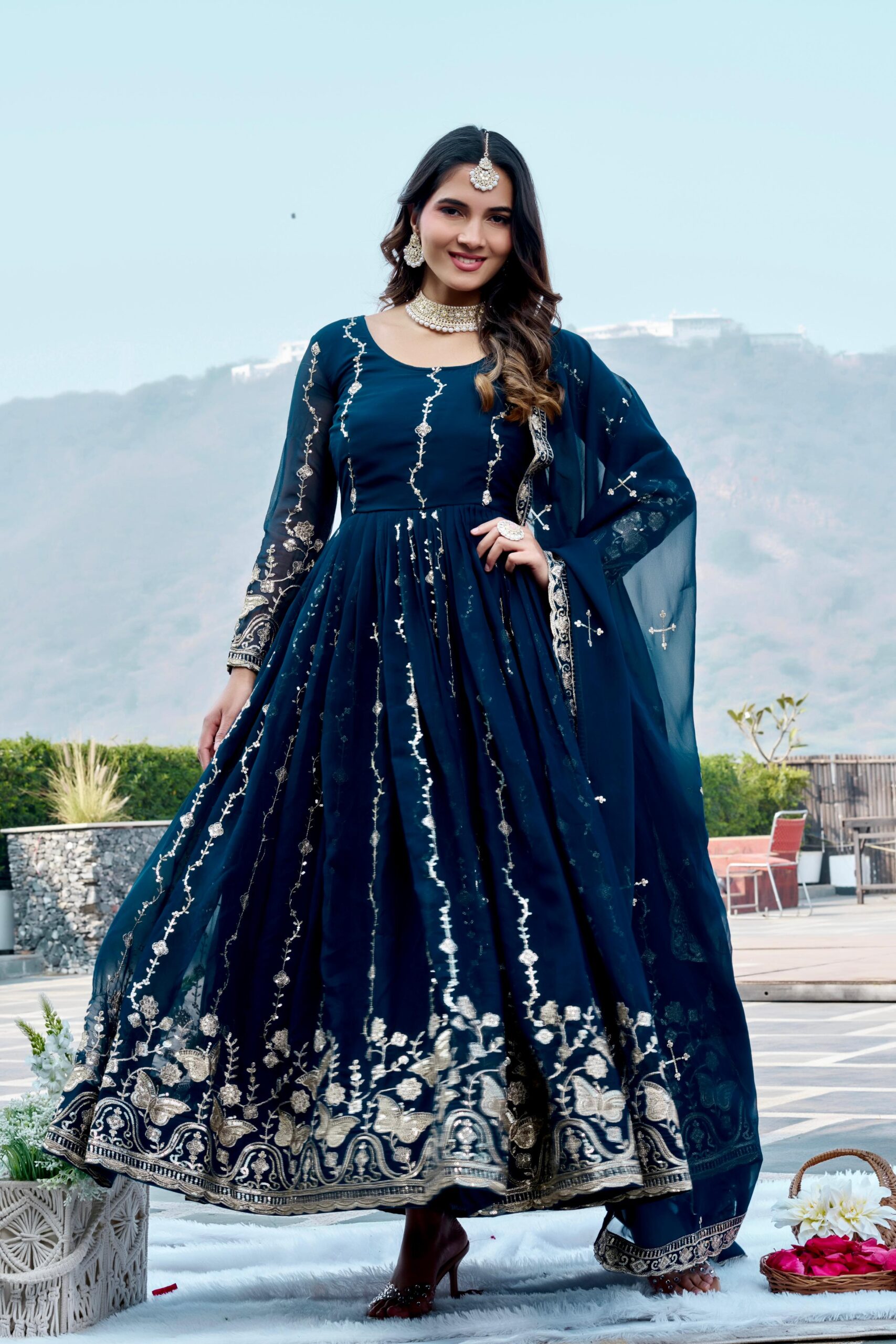 Rageshvari Creation Fox Georgette Festive Long Gown with Heavy Sequins Embroidery and Dupatta Set