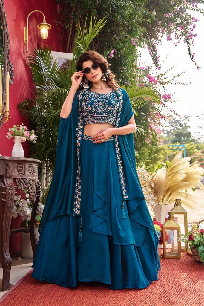 Rageshvari Creation Pure Vichitra Silk Moti Beads & Sequins Lehenga Choli with Shrug Style Dupatta