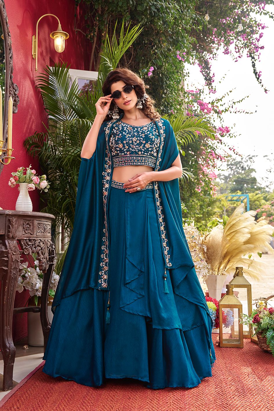 Rageshvari Creation Pure Vichitra Silk Moti Beads & Sequins Lehenga Choli with Shrug Style Dupatta