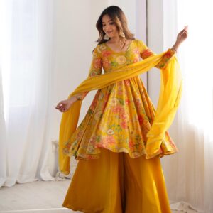 Rageshvari Creation Roman Silk Chanderi Discharge Print Kediyakurta Palazzo Set with Organza Dupatta